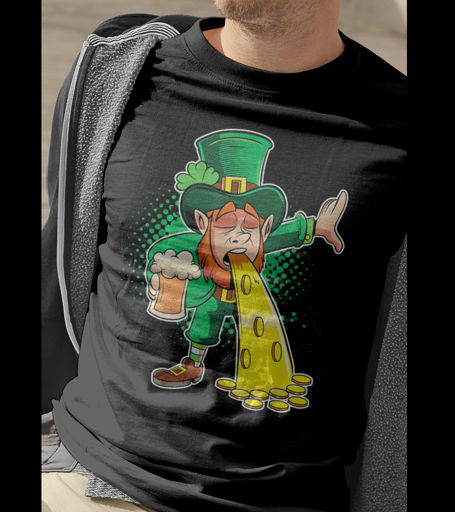 Drunk Leprechaun Puking Gold Coins And Beer Mug T-Shirt