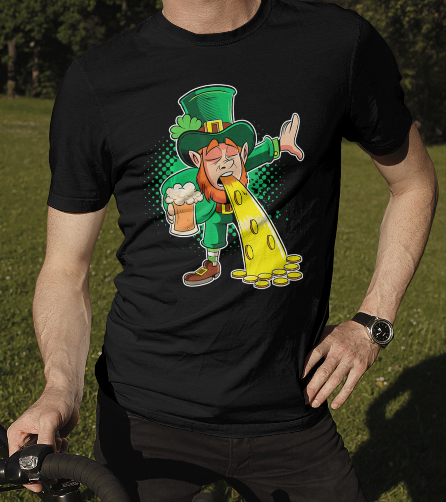 Drunk Leprechaun Puking Gold Coins And Beer Mug T-Shirt