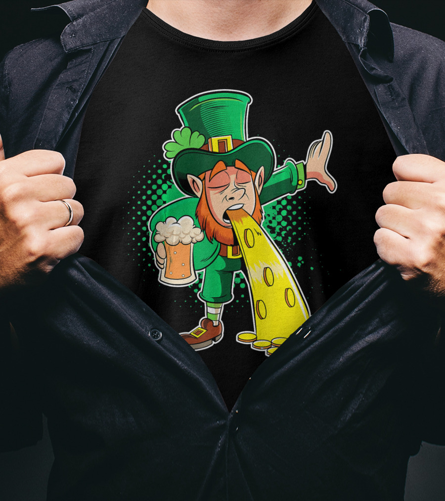 Drunk Leprechaun Puking Gold Coins And Beer Mug T-Shirt