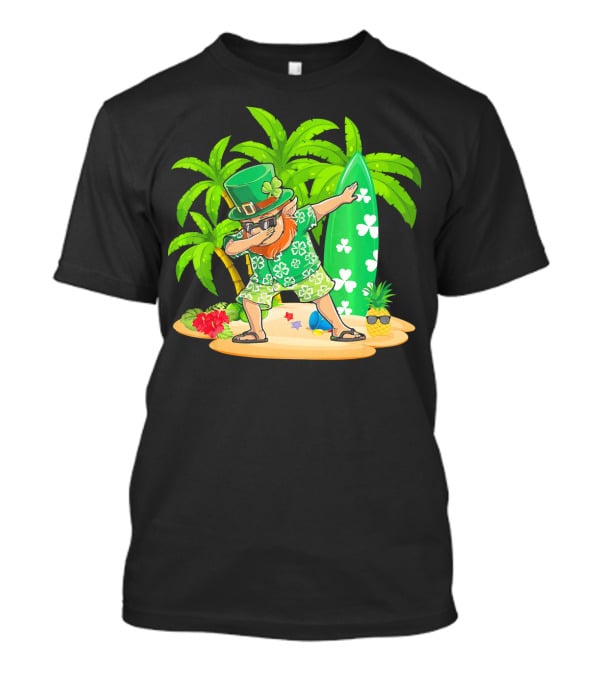 Leprechaun Dabbing On Tropical Beach With Surfboard And Hibiscus Flowers T-Shirt