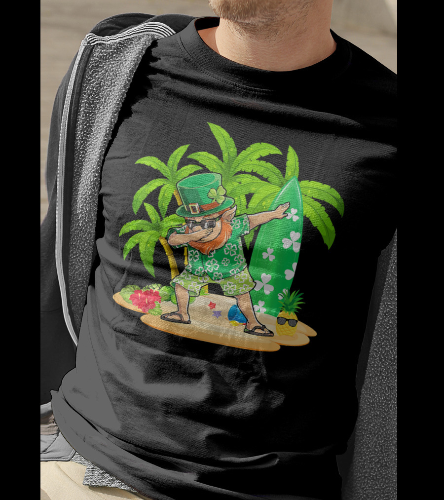 Leprechaun Dabbing On Tropical Beach With Surfboard And Hibiscus Flowers T-Shirt