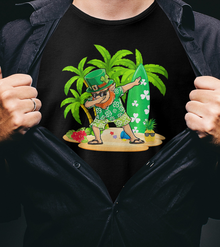 Leprechaun Dabbing On Tropical Beach With Surfboard And Hibiscus Flowers T-Shirt