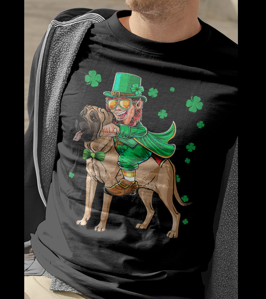 Leprechaun Riding English Mastiff With Shamrocks T-Shirt