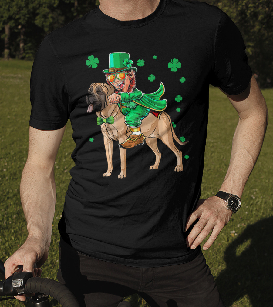 Leprechaun Riding English Mastiff With Shamrocks T-Shirt