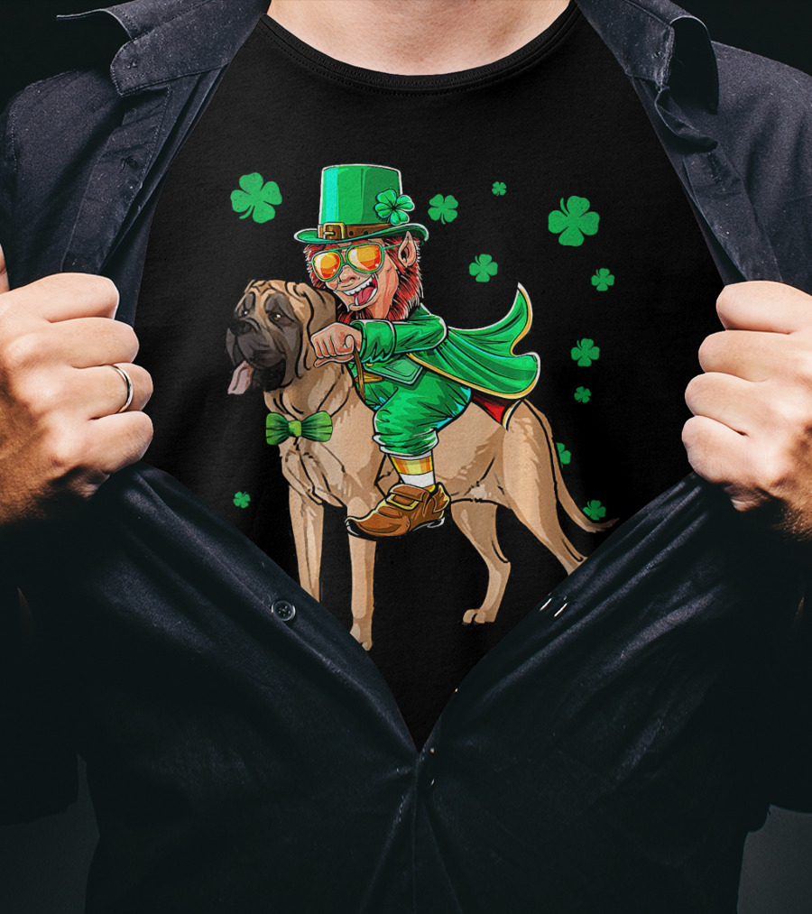Leprechaun Riding English Mastiff With Shamrocks T-Shirt