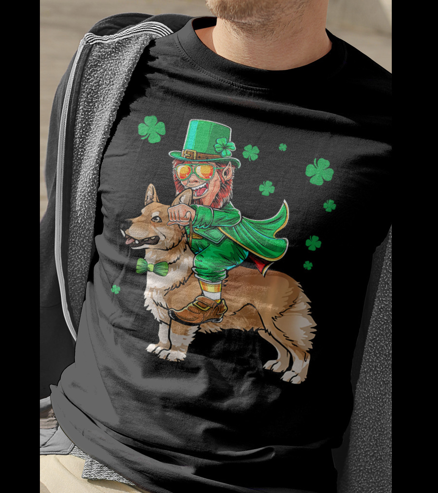 Leprechaun Riding Pembroke Welsh Corgi With Shamrocks T-Shirt