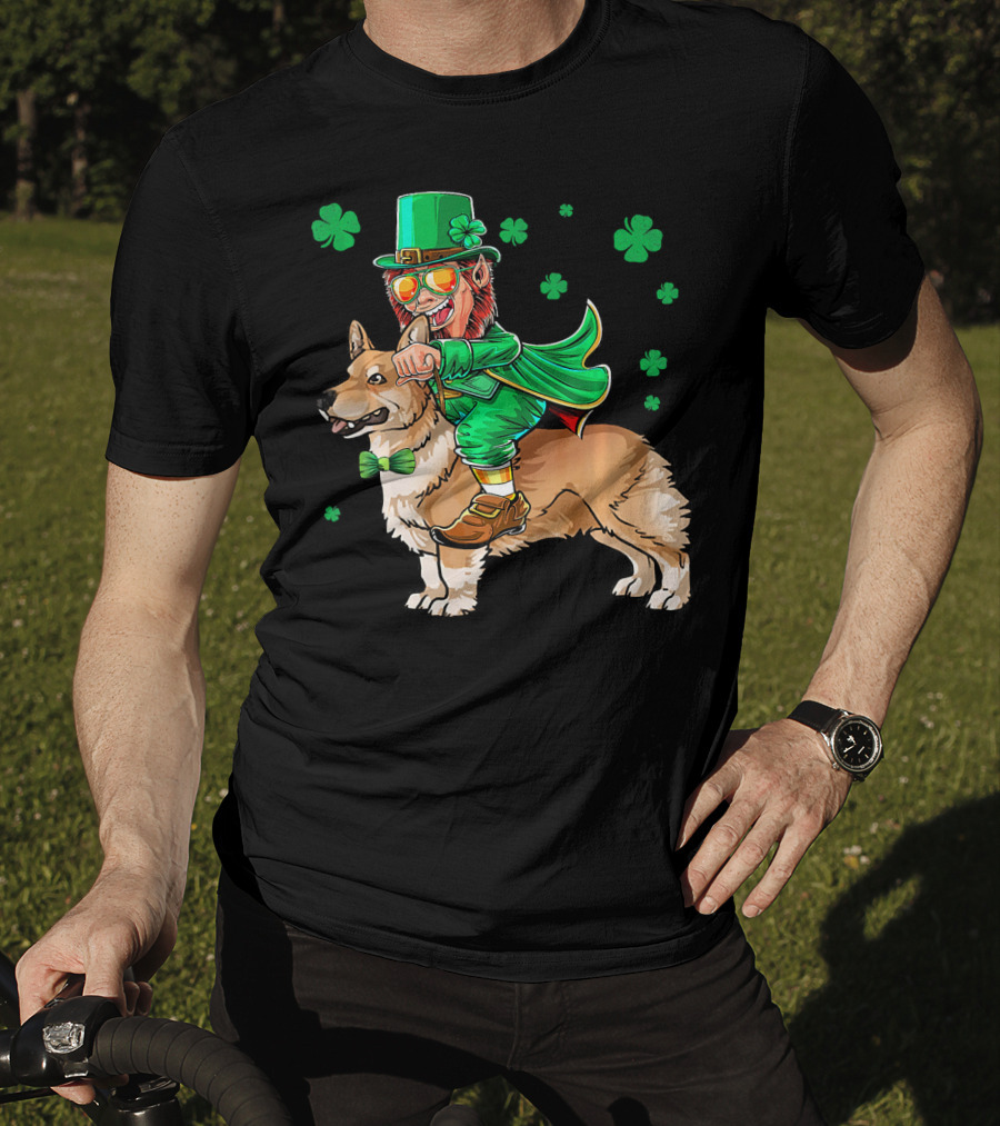 Leprechaun Riding Pembroke Welsh Corgi With Shamrocks T-Shirt