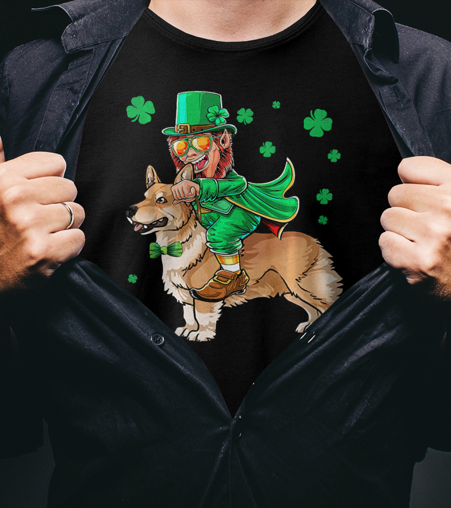 Leprechaun Riding Pembroke Welsh Corgi With Shamrocks T-Shirt