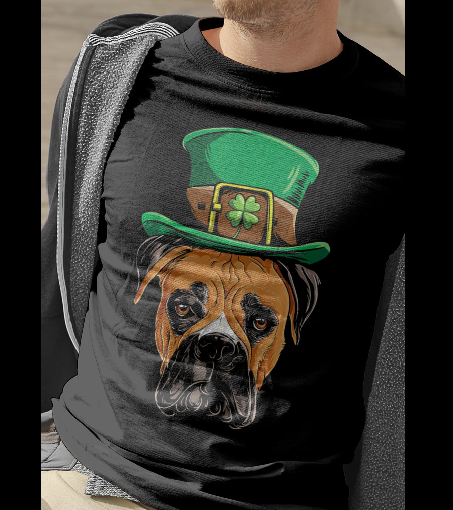 St. Patrick's Day Boxer Dog With Green Top Hat And Shamrock T-Shirt