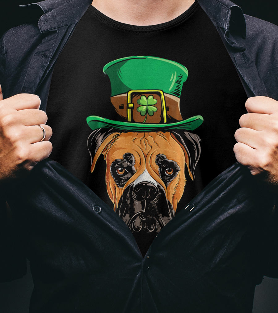 St. Patrick's Day Boxer Dog With Green Top Hat And Shamrock T-Shirt