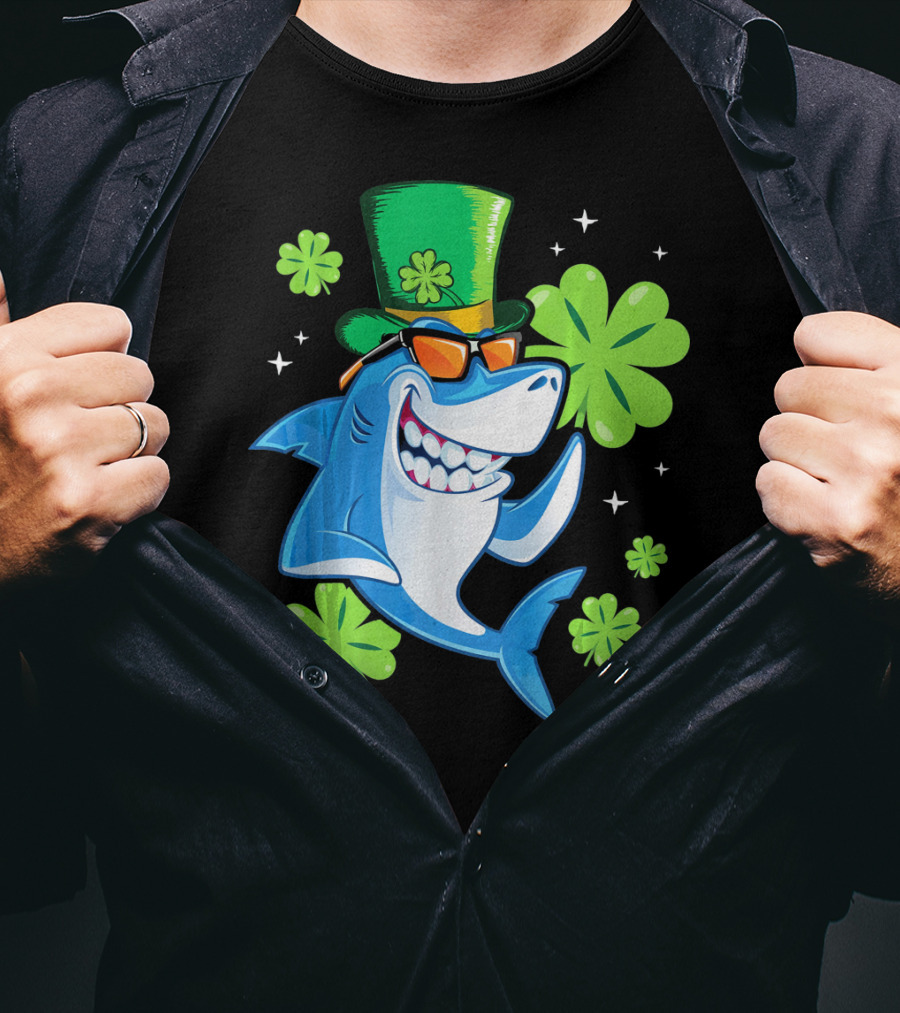 St Patricks Day Shamrock Paddy Shark Top Hat Dancing With Four-Leaf Clovers T-Shirt