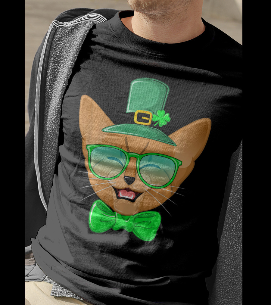 St. Patricks Day Cat Kitty Leprec Leprechaun Hat Green Glasses Bowtie Shamrock T-Shirt