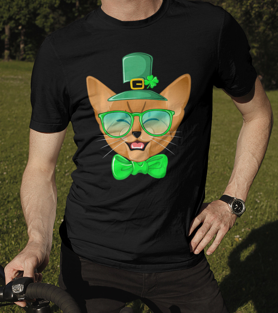 St. Patricks Day Cat Kitty Leprec Leprechaun Hat Green Glasses Bowtie Shamrock T-Shirt