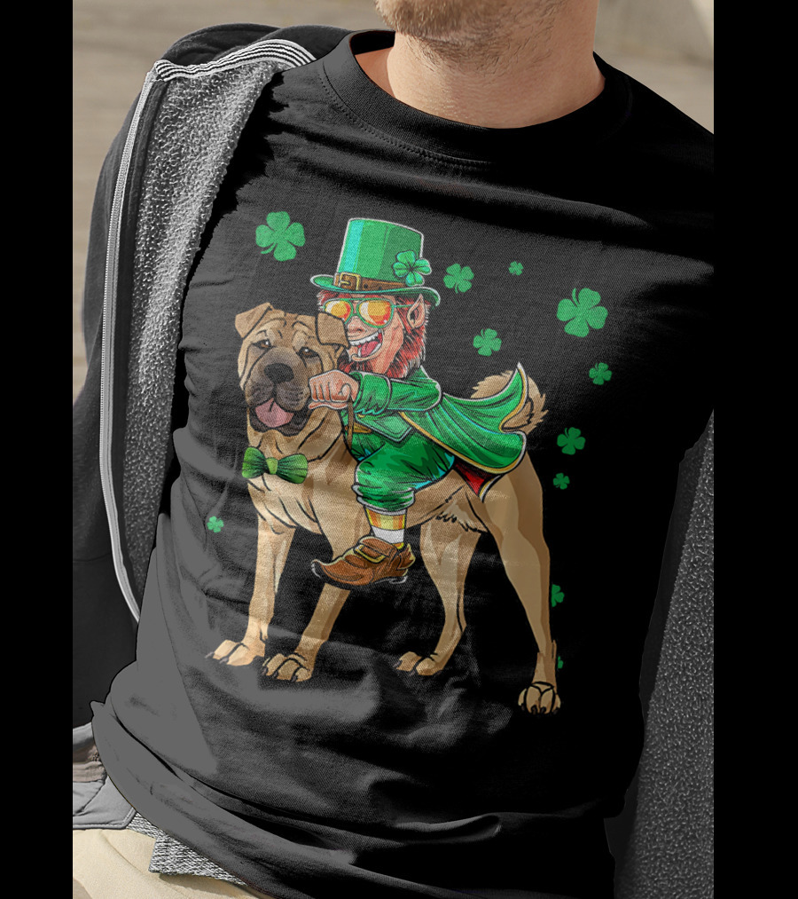 Leprechaun Riding Chinese Shar Pei With Shamrock Bowtie And Hat T-Shirt