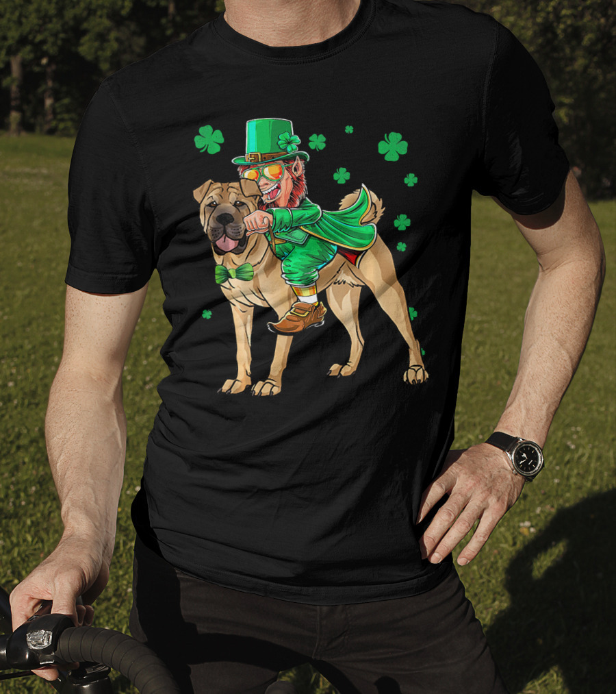 Leprechaun Riding Chinese Shar Pei With Shamrock Bowtie And Hat T-Shirt