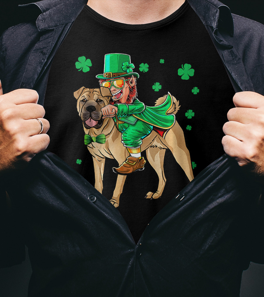 Leprechaun Riding Chinese Shar Pei With Shamrock Bowtie And Hat T-Shirt