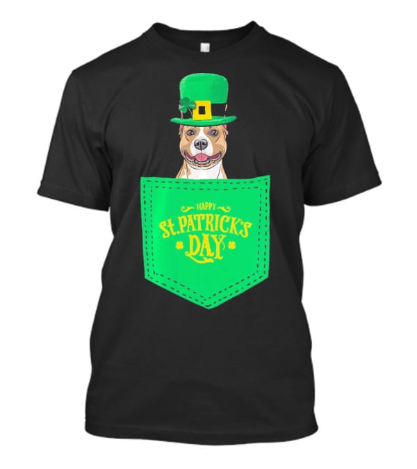 Happy St. Patrick's Day Pitbull Dog In Pocket T-Shirt