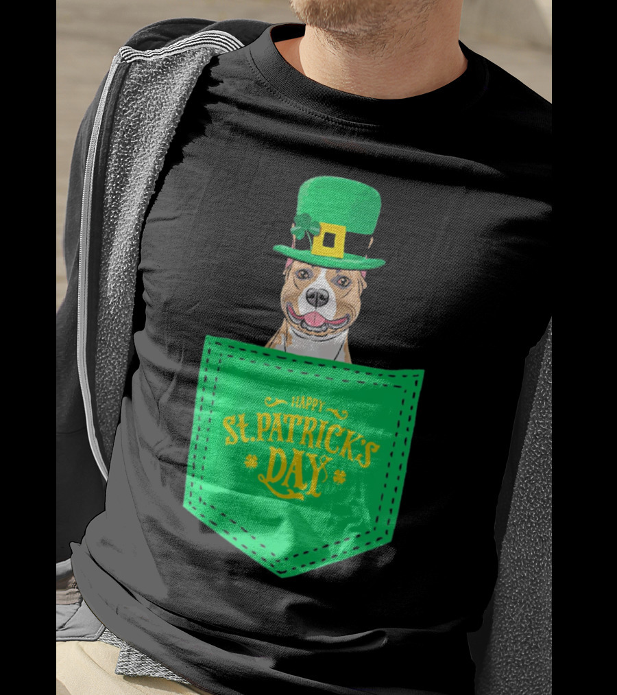 Happy St. Patrick's Day Pitbull Dog In Pocket T-Shirt