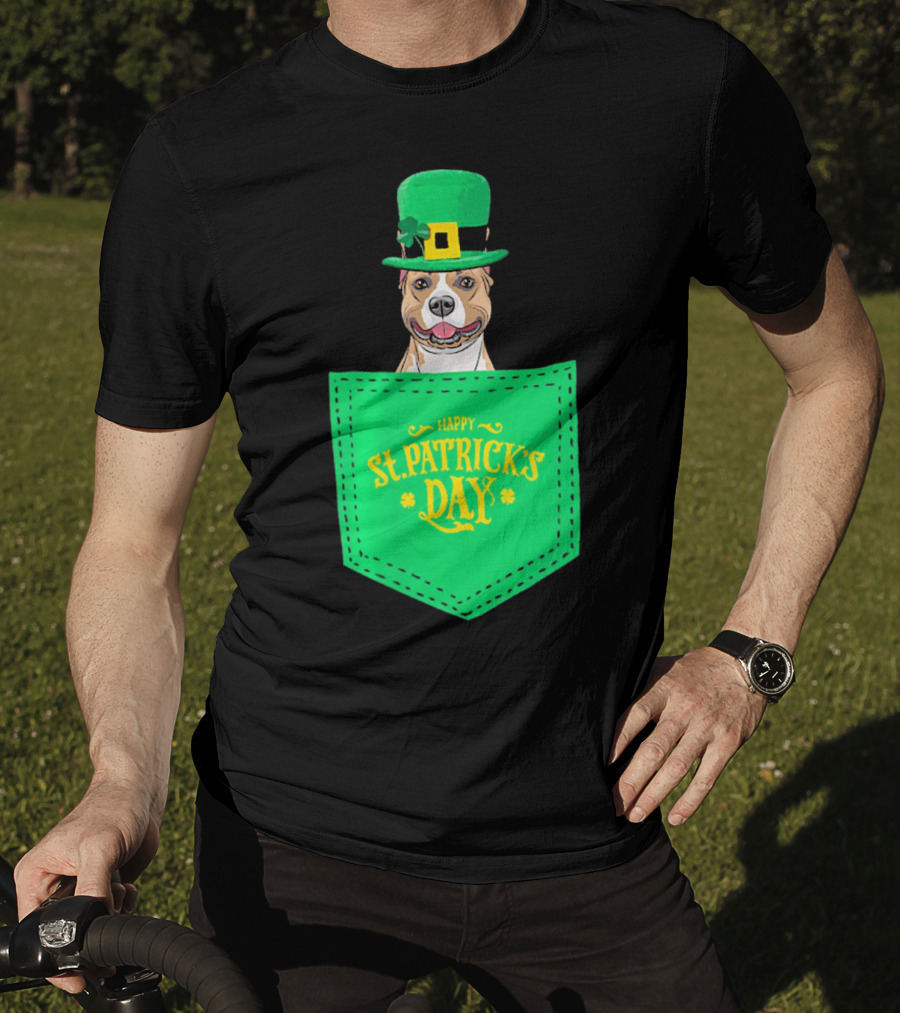 Happy St. Patrick's Day Pitbull Dog In Pocket T-Shirt