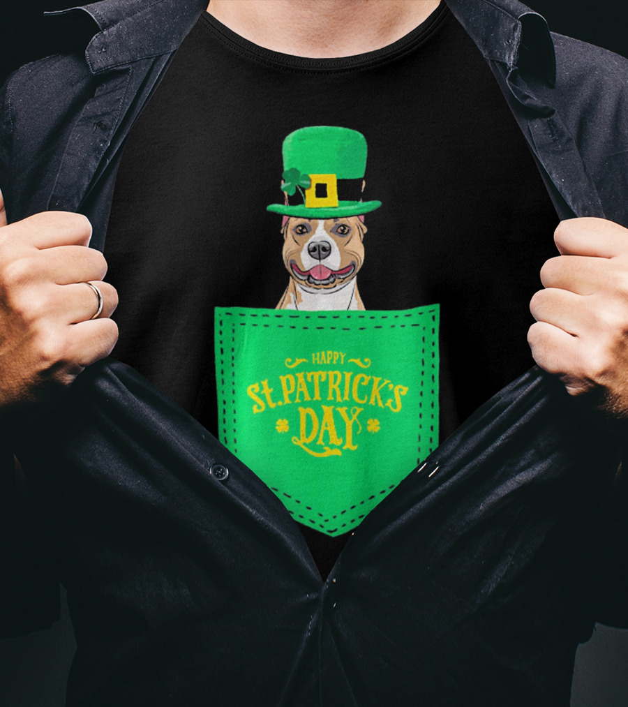 Happy St. Patrick's Day Pitbull Dog In Pocket T-Shirt