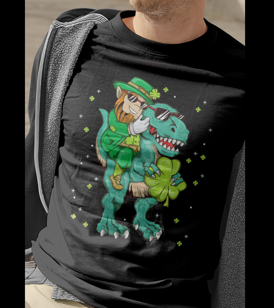 Irish Leprechaun Riding Dinosaur With Clover And Sunglasses T-Shirt