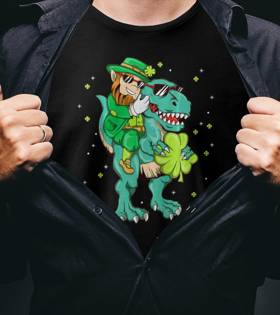 Irish Leprechaun Riding Dinosaur With Clover And Sunglasses T-Shirt