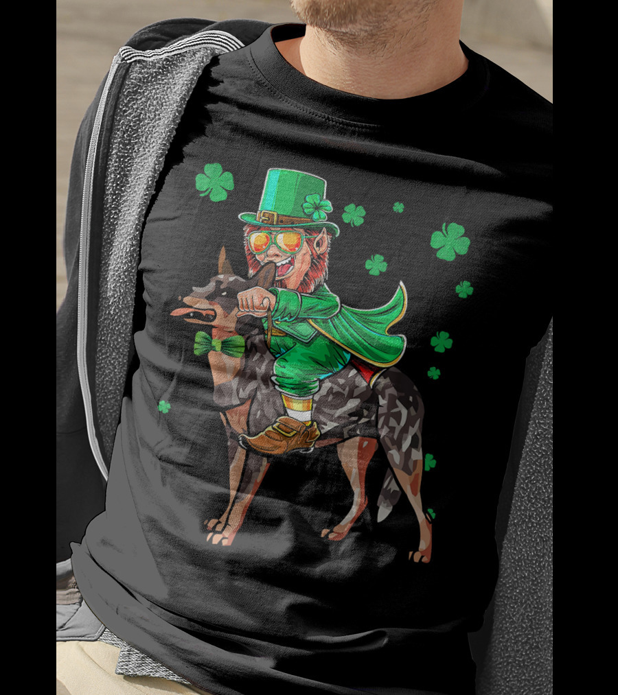 Leprechaun Riding Australian Cattle Dog With Shamrocks T-Shirt