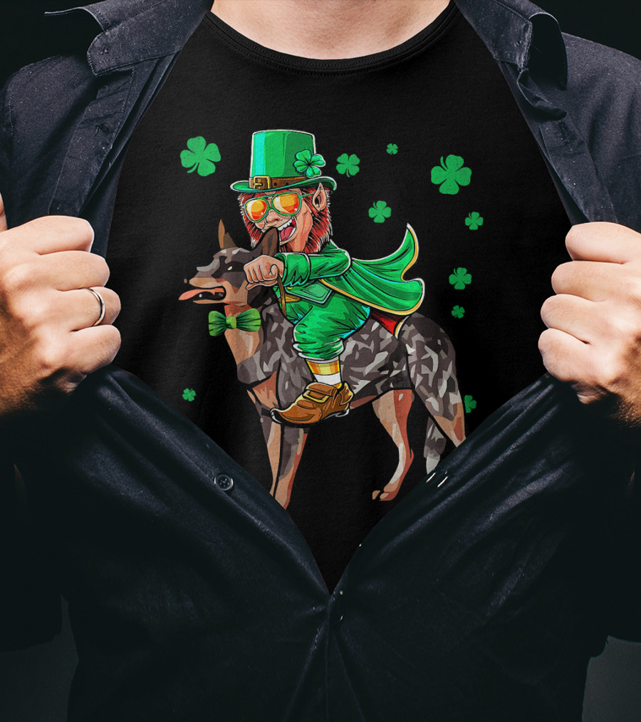 Leprechaun Riding Australian Cattle Dog With Shamrocks T-Shirt