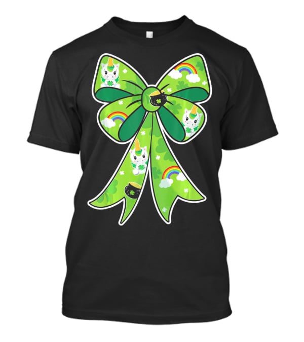 Girls St Patrick's Day Unicorn Bow With Rainbows And Shamrocks T-Shirt