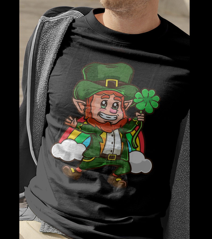 St Patricks Happy Leprechaun Holding Shamrock With Rainbow And Clouds T-Shirt