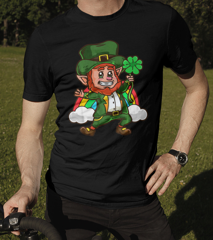 St Patricks Happy Leprechaun Holding Shamrock With Rainbow And Clouds T-Shirt