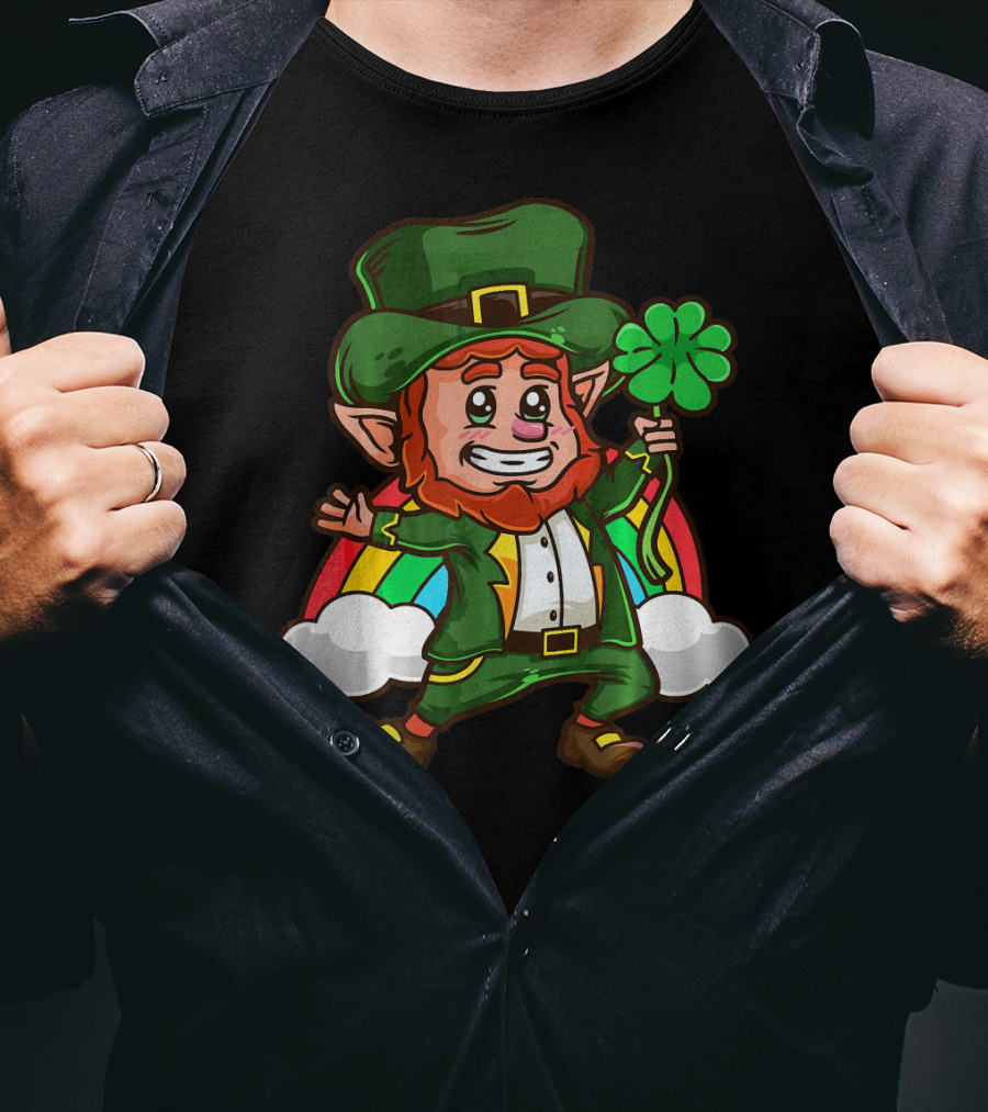 St Patricks Happy Leprechaun Holding Shamrock With Rainbow And Clouds T-Shirt