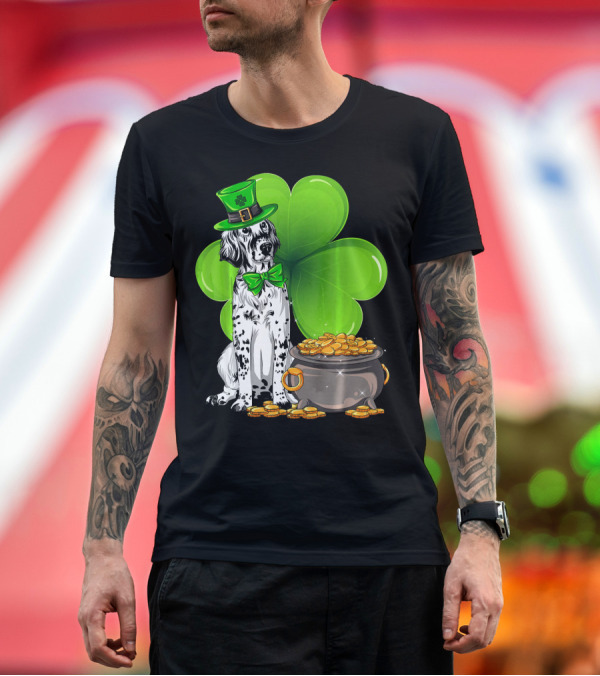 Premium T-Shirt: English Setter St Patricks Day Leprechaun Dog with Clover and Pot of Gold T-Shirt English Setter St Patricks Day Leprechaun Dog with Clover and Pot of Gold T-Shirt