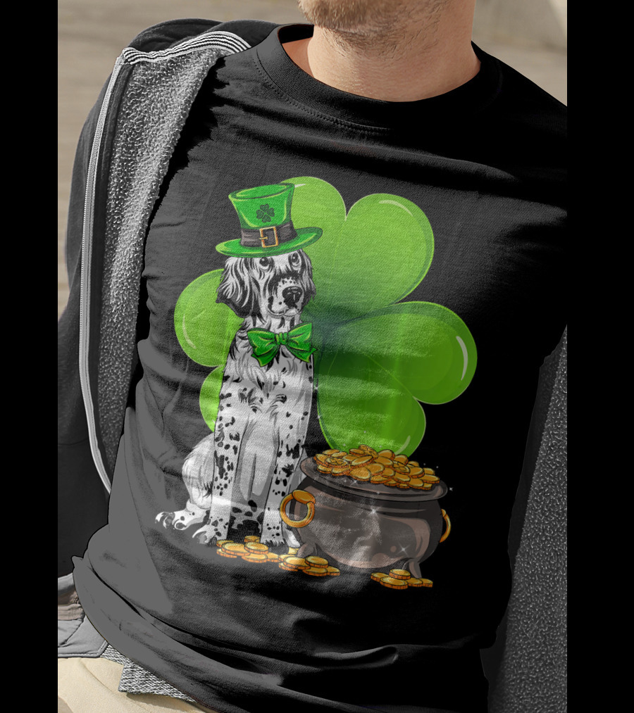 English Setter St Patricks Day Leprechaun Dog With Clover And Pot Of Gold T-Shirt