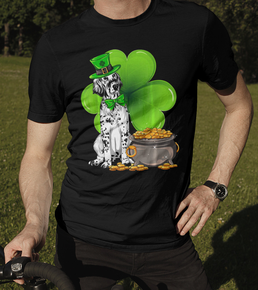 English Setter St Patricks Day Leprechaun Dog With Clover And Pot Of Gold T-Shirt