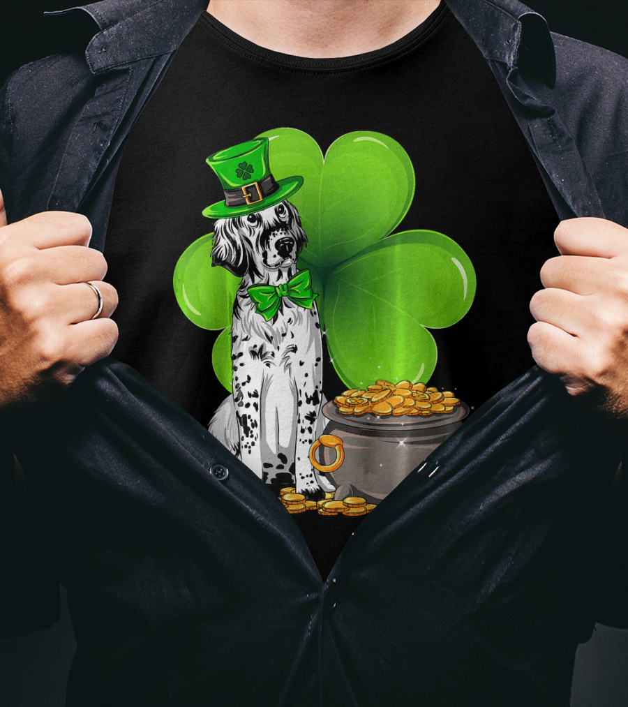 English Setter St Patricks Day Leprechaun Dog With Clover And Pot Of Gold T-Shirt