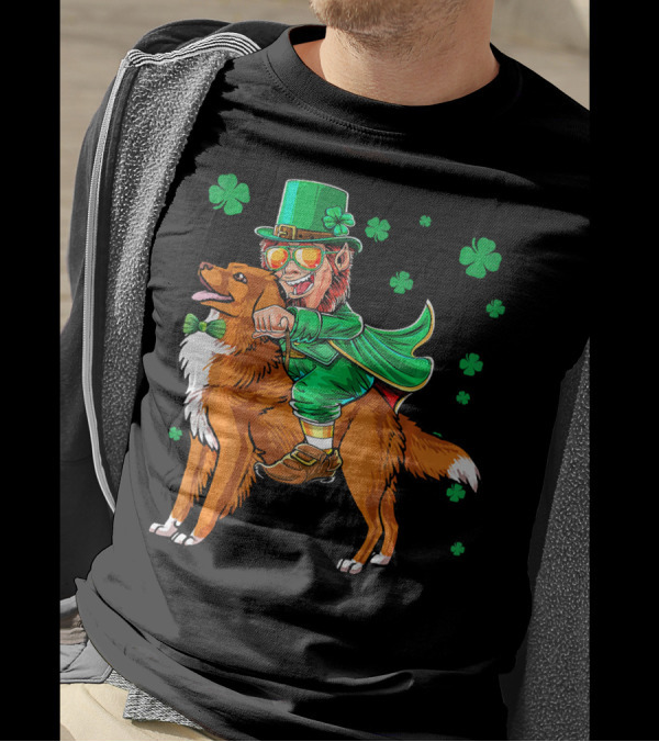 Leprechaun Riding Nova Scotia Duck Tolling Retriever With Shamrocks T-Shirt