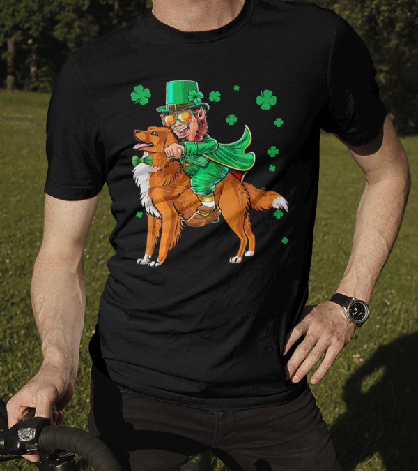 Leprechaun Riding Nova Scotia Duck Tolling Retriever With Shamrocks T-Shirt