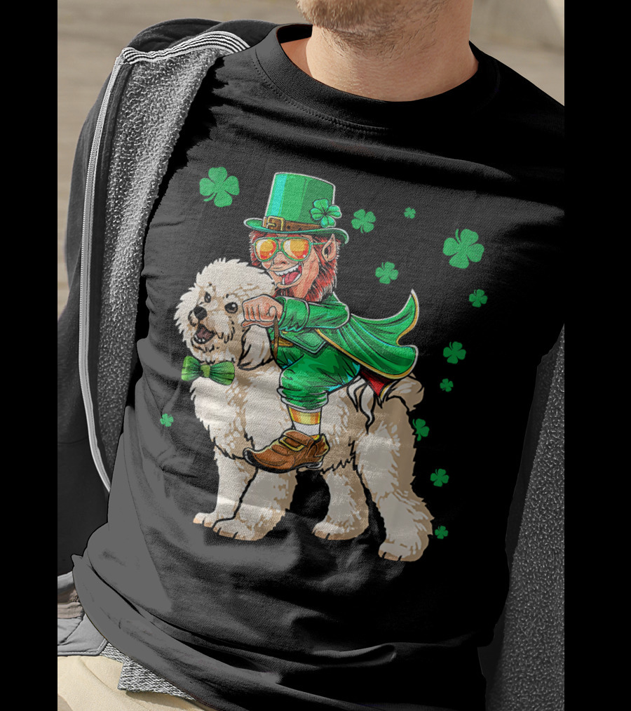 Leprechaun Riding Bichon Frise With Shamrock St. Pat's Day Charm T-Shirt