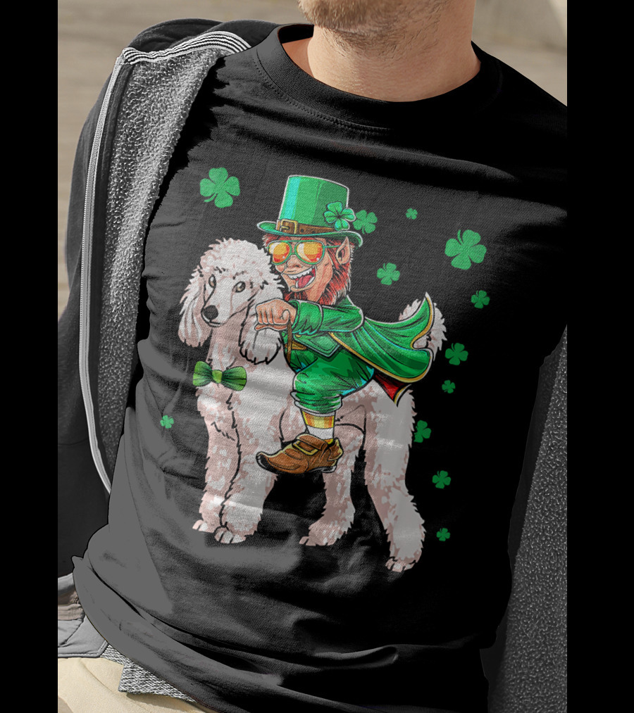 Leprechaun Riding Poodle With Shamrocks St. Patrick's Day T-Shirt