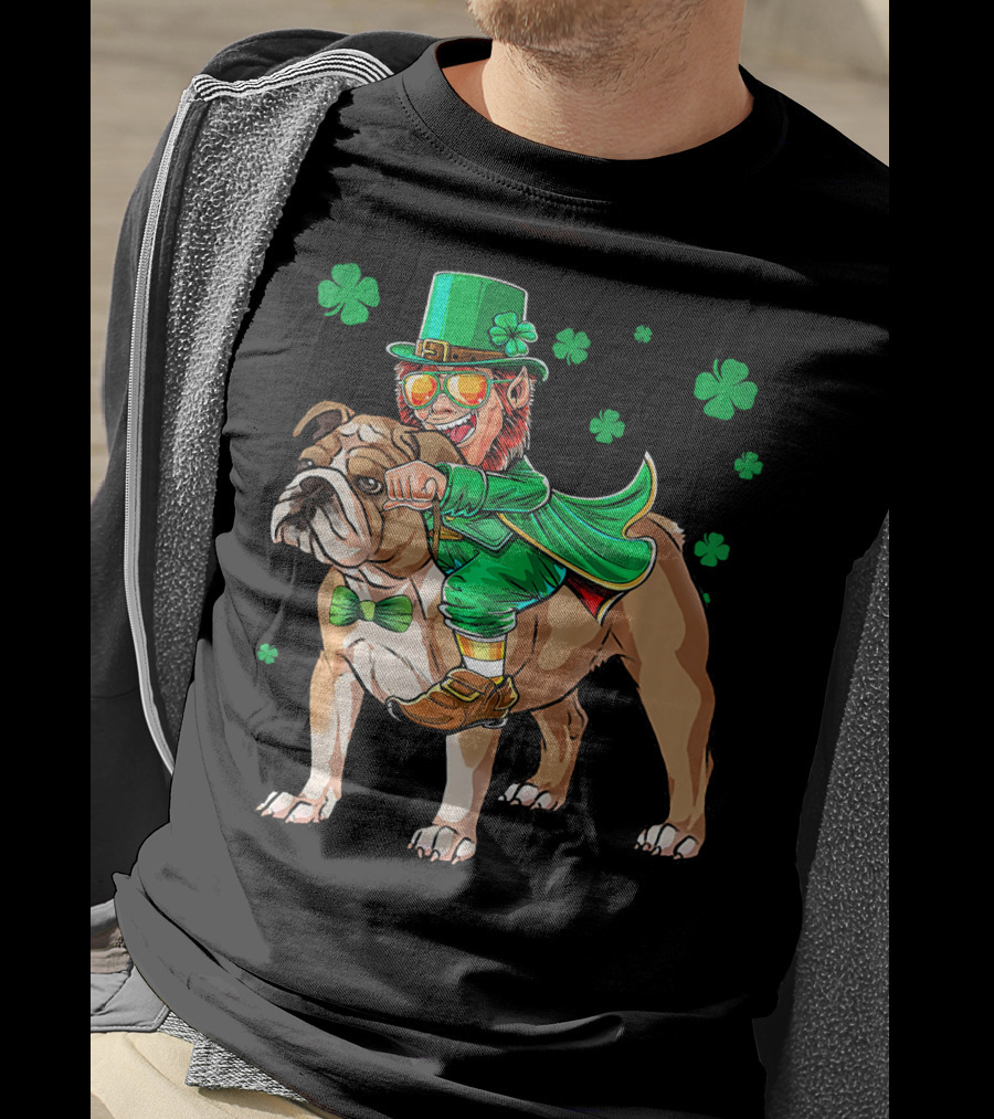 Leprechaun Riding English Bulldog With Shamrocks T-Shirt