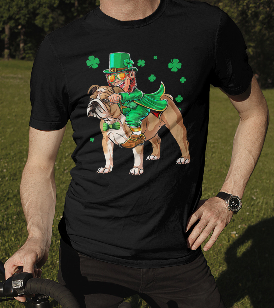 Leprechaun Riding English Bulldog With Shamrocks T-Shirt
