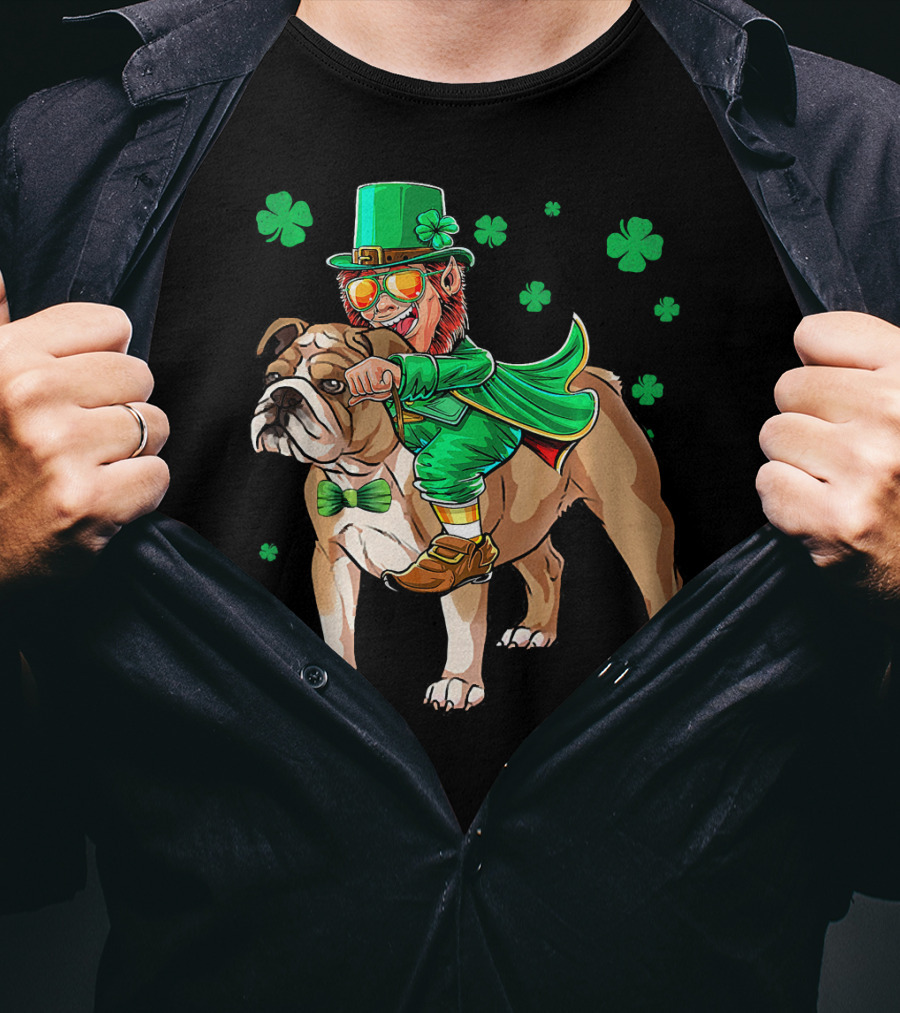 Leprechaun Riding English Bulldog With Shamrocks T-Shirt