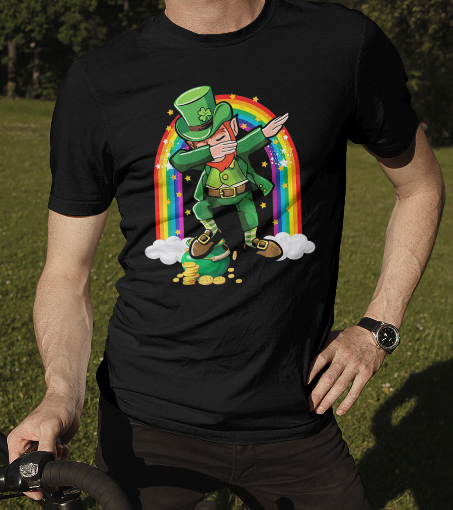 St Patricks Day Leprechaun Dabbing With Rainbow And Gold Coins T-Shirt