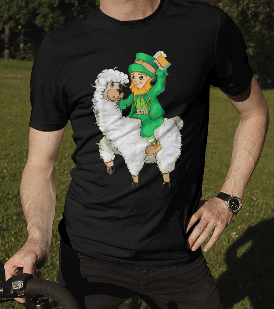 Leprechaun In Green Suit Riding White Fluffy Llama With Beer On St. Patrick's Day T-Shirt