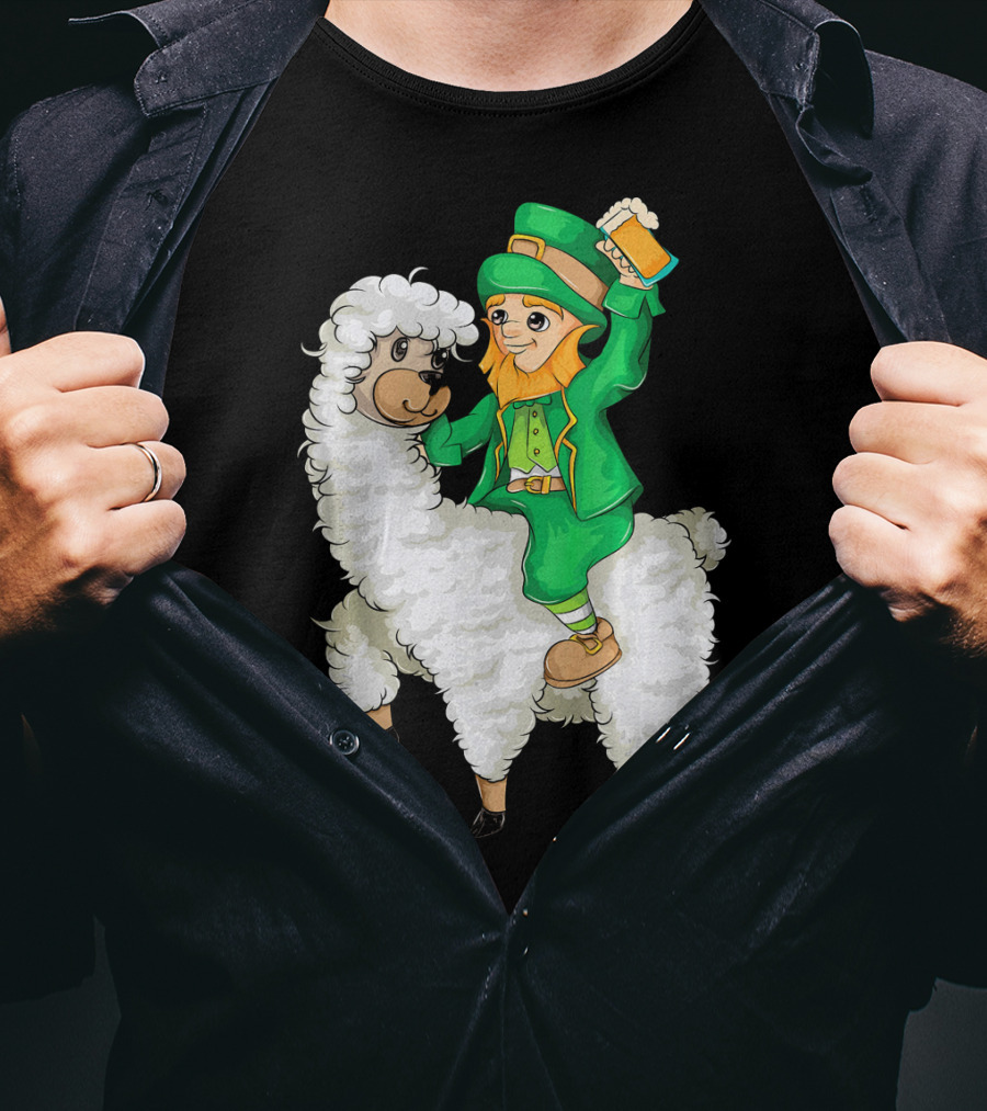 Leprechaun In Green Suit Riding White Fluffy Llama With Beer On St. Patrick's Day T-Shirt