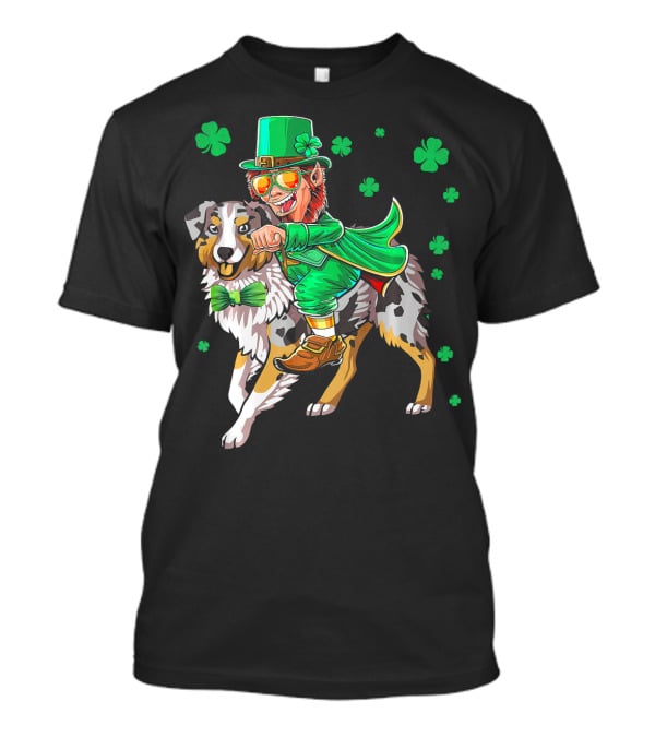Leprechaun Riding Australian Shepherd With Shamrock Bow Tie And Clover Background T-Shirt