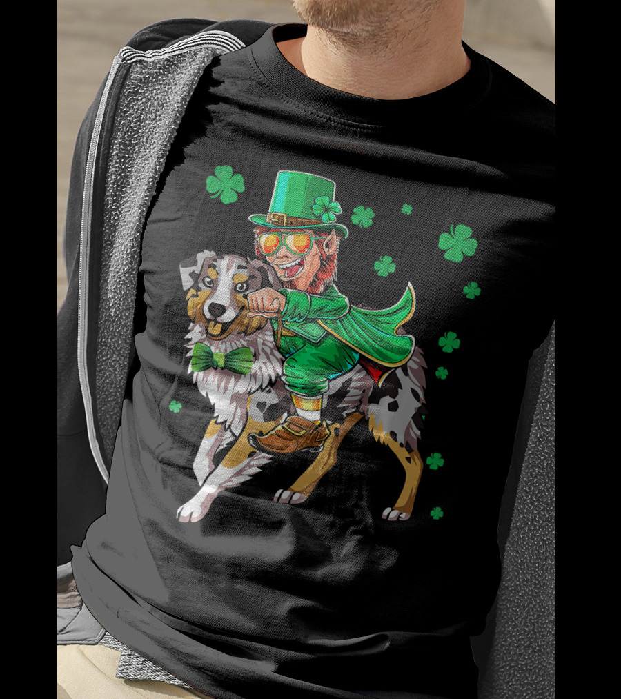 Leprechaun Riding Australian Shepherd With Shamrock Bow Tie And Clover Background T-Shirt