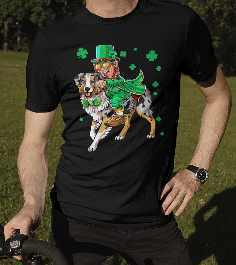 Leprechaun Riding Australian Shepherd With Shamrock Bow Tie And Clover Background T-Shirt