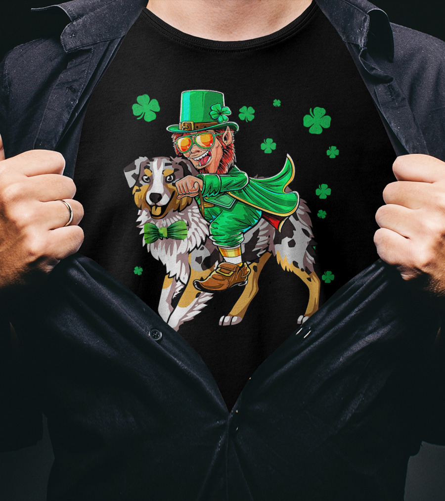 Leprechaun Riding Australian Shepherd With Shamrock Bow Tie And Clover Background T-Shirt